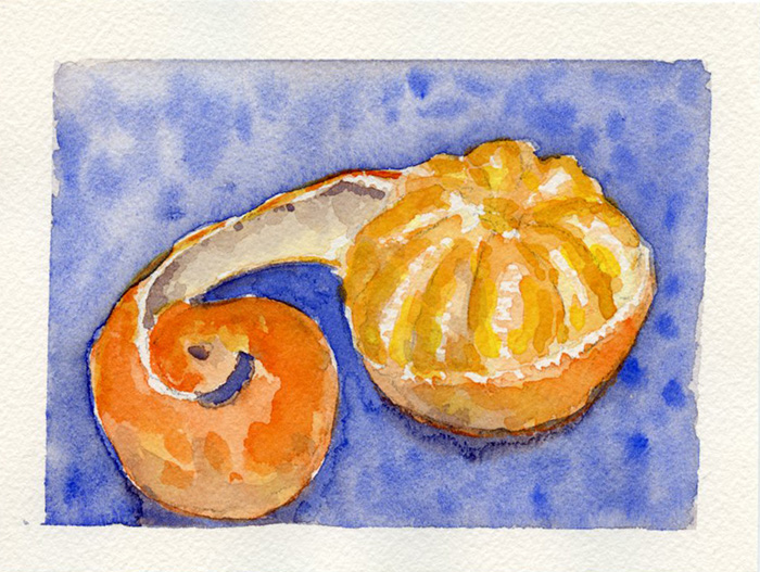 Watercolor painting of a partly peeled clementine